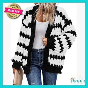 Chunky Cable Knit Cardigan Lantern Sleeve Open Front Oversized Winter Sweater